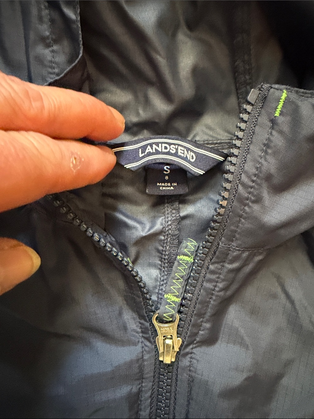 Lands' End Kids Hooded Jacket in Navy and Lime Green Stripes - Picture 2 of 3